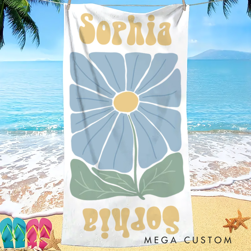 Personalized Blue Floral Quick Dry Oversized Beach Towel with Name Summer Vacation Pool Party Gifts for Kids