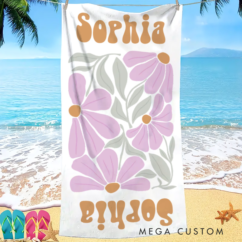 Personalized Purple Floral Quick Dry Oversized Beach Towel with Name Summer Vacation Pool Party Gifts for Kid