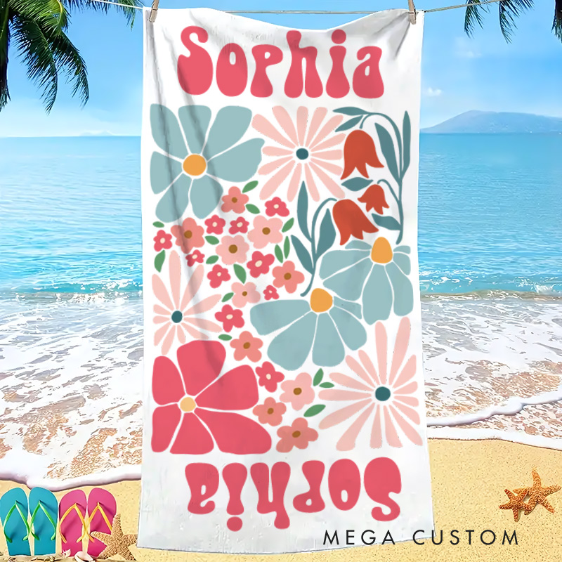 Personalized Floral Quick Dry Oversized Beach Towel with Name Summer Vacation Pool Party Gifts for Kid