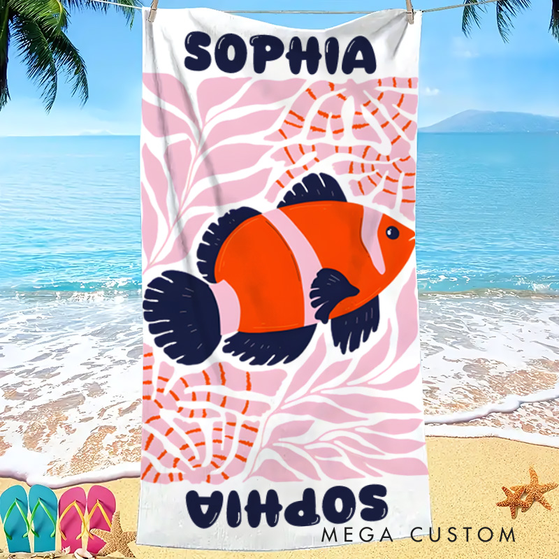 Personalized Red Fish Marine Life Art Illustration Kids Beach Towel with Name Summer Vacation Travel Gift for Kids