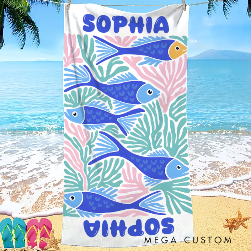 Personalized Fish Marine Life Art Illustration Kids Beach Towel with Name Summer Vacation Travel Gift for Kids