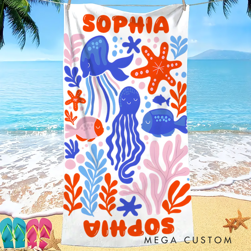 Personalized Marine Life Art Illustration Kids Beach Towel with Name Summer Vacation Travel Gift for Kids
