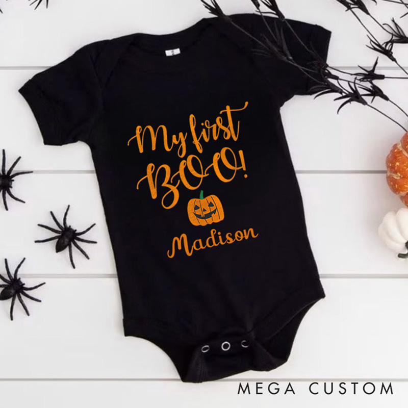 Personalized My First Boo Featuring Pumpkin Motif and Customizable Name for Baby’s First Halloween Celebration Baby Onesie