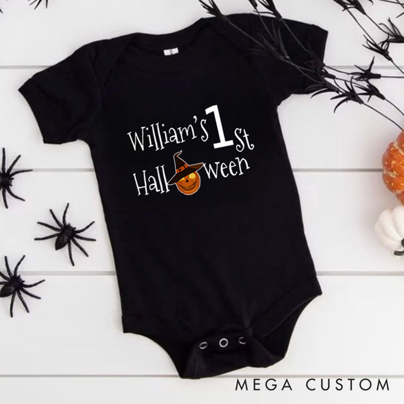Personalized First Halloween Featuring Witch Hat Pumpkin Motif and Customizable Name for Baby’s Festive Outfit Baby Onesie