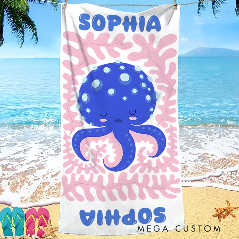 Personalized Octopus Life Art Illustration Kids Beach Towel with Name Summer Vacation Travel Gift for Kids