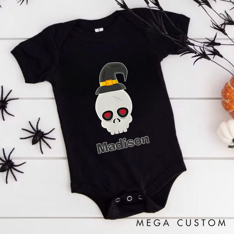 Personalized Halloween Skull Featuring Festive Motif and Customizable Name for Baby’s Spooky Outfit Baby Onesie