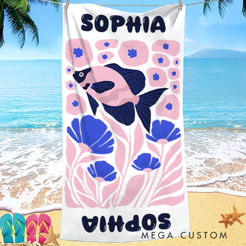 Personalized Pink Fish Life Art Illustration Kids Beach Towel with Name Summer Vacation Travel Gift for Kids
