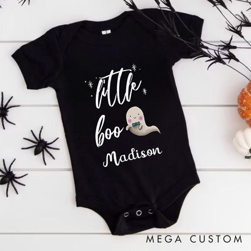Personalized Little Boo Featuring Ghost Motif and Customizable Name for Baby’s Halloween Celebration Baby Onesie