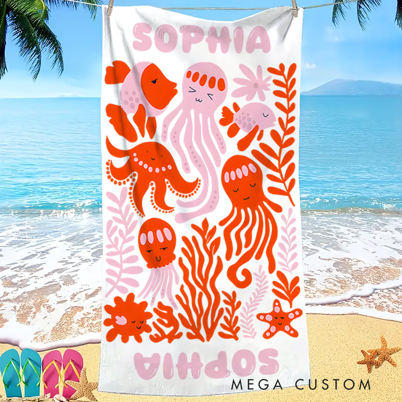 Personalized Pink Octopus Life Art Illustration Kids Beach Towel with Name Summer Vacation Travel Gift for Kids
