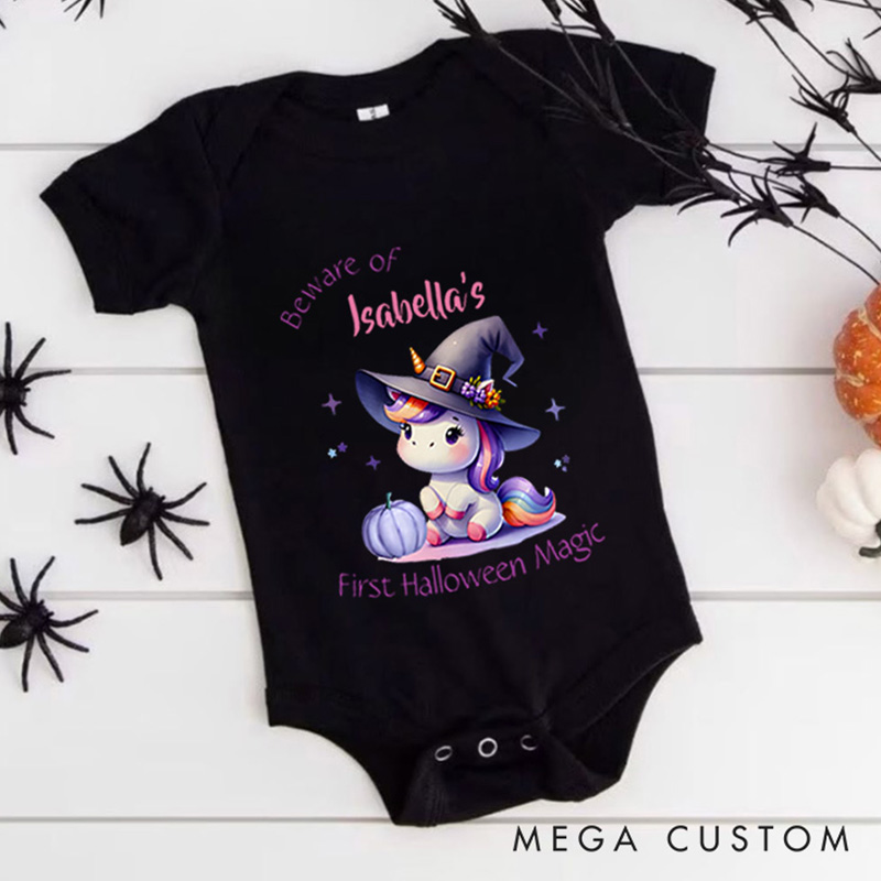 Personalized Beware of First Halloween Magic Featuring Witch Cat Motif and Customizable Name for Baby Onesie