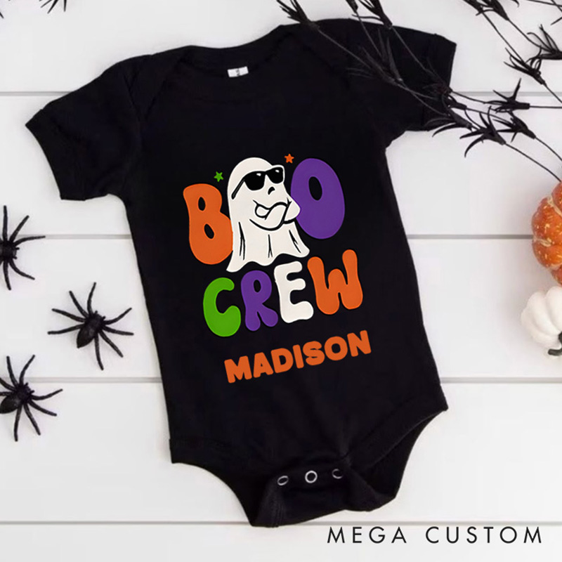Personalized Boo Crew Featuring Ghost and Sunglasses Motif with Customizable Name for Baby Onesie