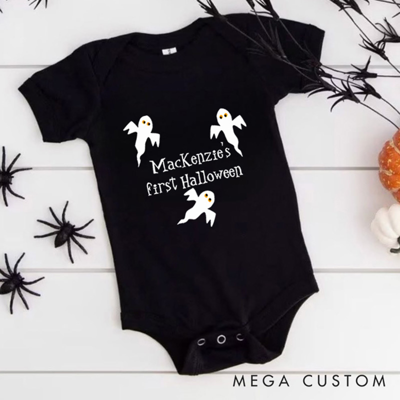 Personalized First Halloween Featuring Ghost Motif and Customizable Name for Baby’s Festive Outfit Baby Onesie