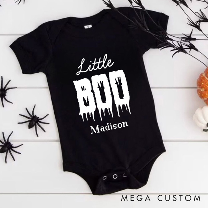 Personalized Little Boo Featuring Dripping Text and Customizable Name for Baby’s Halloween Celebration Baby Onesie