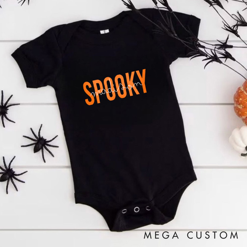 Personalized Spooky Featuring Bold Text and Customizable Name for Baby’s Halloween Outfit Baby Onesie