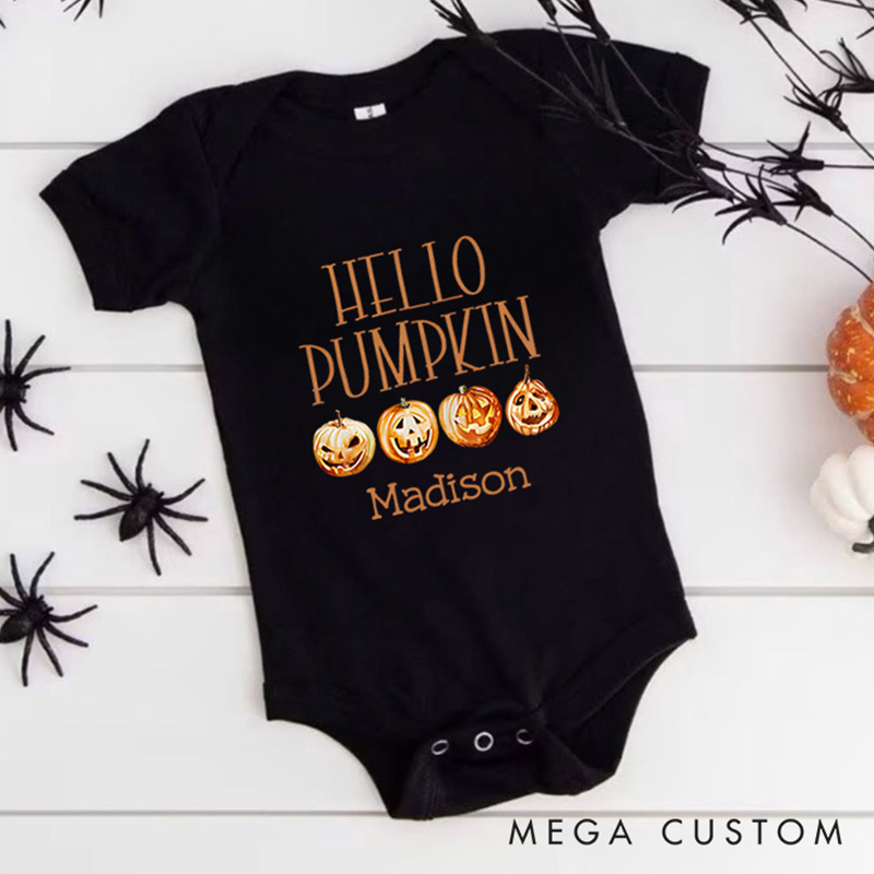 Personalized Hello Pumpkin Featuring Pumpkin Motif and Customizable Name for Baby’s Halloween Celebration Baby Onesie