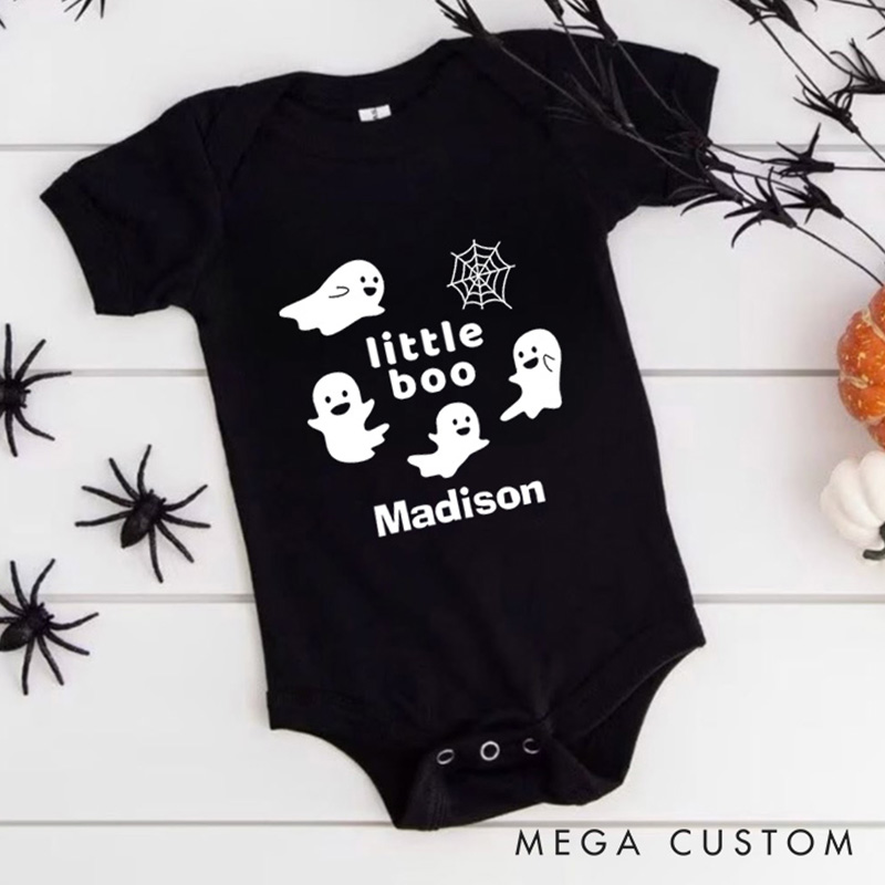 Personalized Little Boo Featuring Ghosts and Spider Web Motif with Customizable Name for Baby Onesie