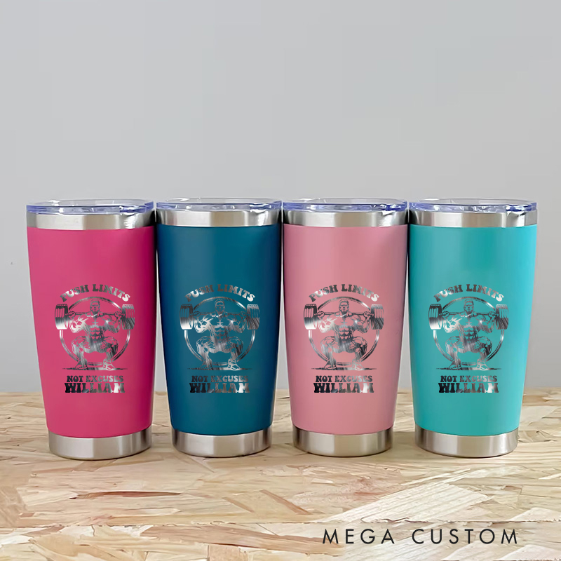 Personalized Fitness Tumbler Coffee Stainless Steel Tumbler with Push Limits No Excuses Weightlifting Design for Fitness Enthusiasts Bodybuilders and Gym Lovers