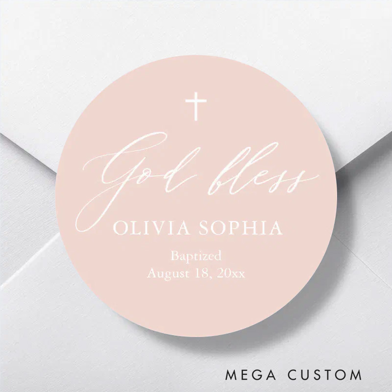 Personalized God Bless Dusty Pink White Cross Girl Religious Baptism Classic Round Sticker with Name and Date Religious Gift Baptism Gift