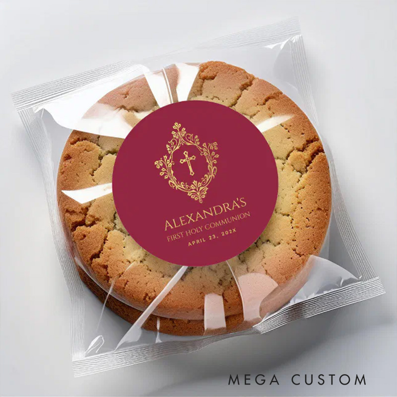 Personalized Girl First Communion Burgundy Gold Crest Religious Classic Round Sticker with Name and Date Religious Gift First Communion Gift