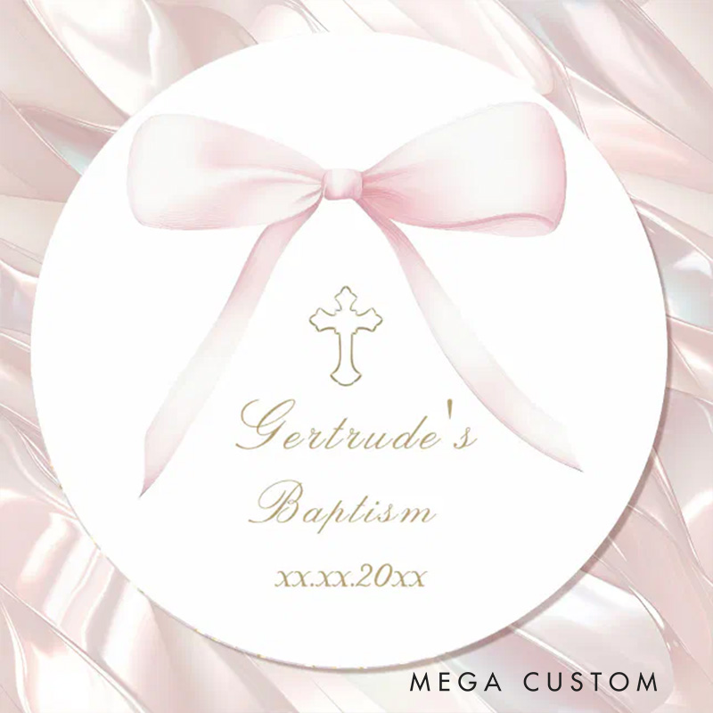 Personalized Baptism Pink Bow Girl Classic Round Sticker with Name and Date Religious Gift Baptism Gift