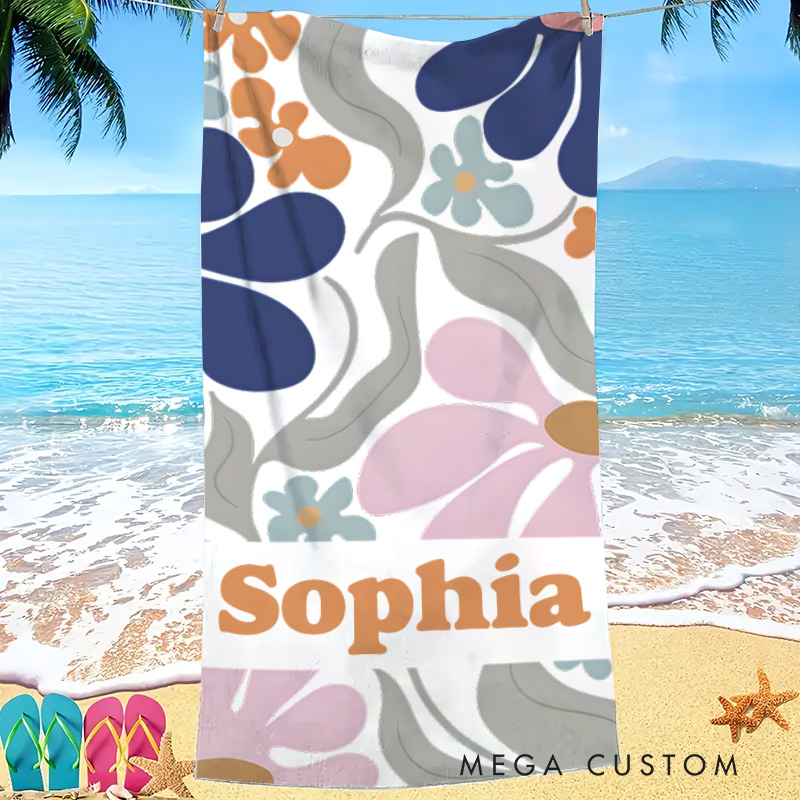 Personalized Navy Danish Flower Kids Beach Towel with Name Beach Party Travel Birthday Gift for Kids