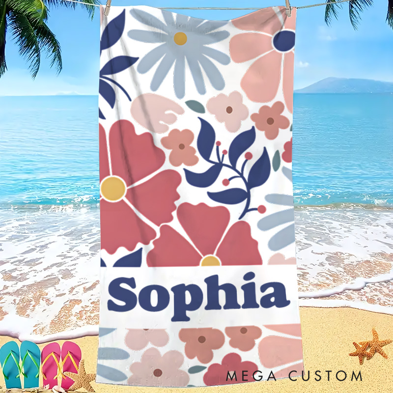 Personalized Pink Danish Flower Kids Beach Towel with Name Beach Party Travel Birthday Gift for Kids