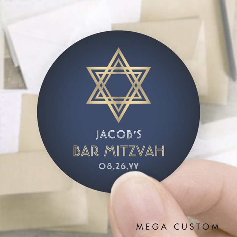 Personalized Bar Mitzvah Navy Blue White & Gold Star of David Classic Round Sticker with Name and Date Religious Gift Bar Mitzvah Gift