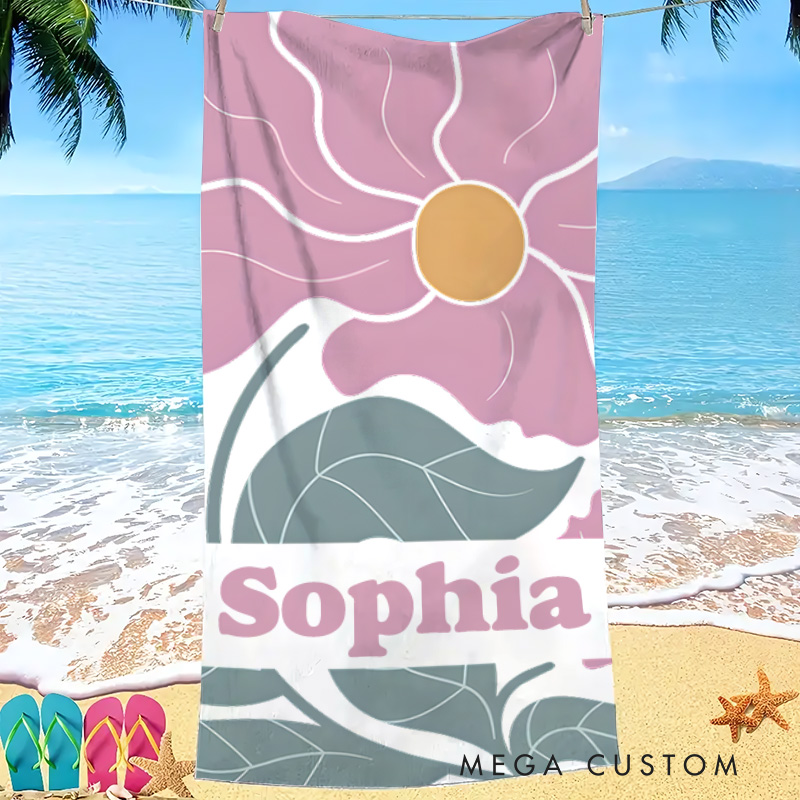 Personalized Purple Danish Flower Kids Beach Towel with Name Beach Party Travel Birthday Gift for Kids