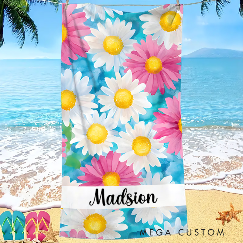 Personalized Watercolor Floral Stripe Kids Beach Towel with Name Beach Party Summer Vacation Gift for Kids