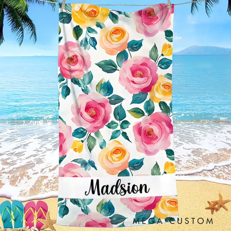 Personalized Pink Watercolor Floral Stripe Kids Beach Towel with Name Beach Party Summer Vacation Gift for Kids