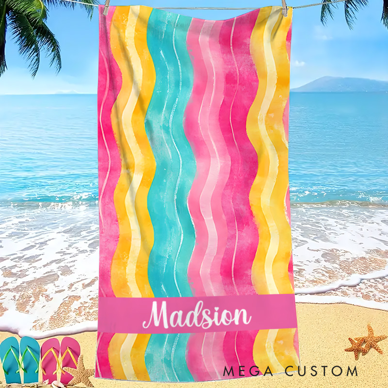 Personalized Watercolor Floral Pink and Yellow Stripe Kids Beach Towel with Name Beach Party Summer Vacation Gift for Kids