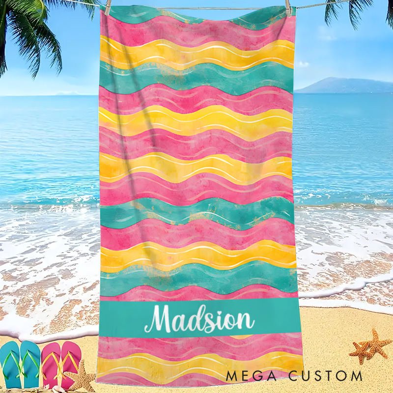 Personalized  Watercolor Floral Pink and Blue Stripe Kids Beach Towel with Name Beach Party Summer Vacation Gift for Kids