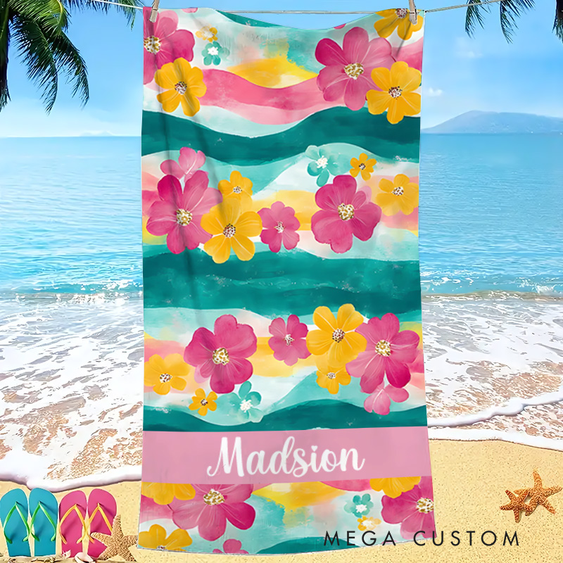 Personalized Pink and Yellow Watercolor Floral  Stripe Kids Beach Towel with Name Beach Party Summer Vacation Gift for Kids