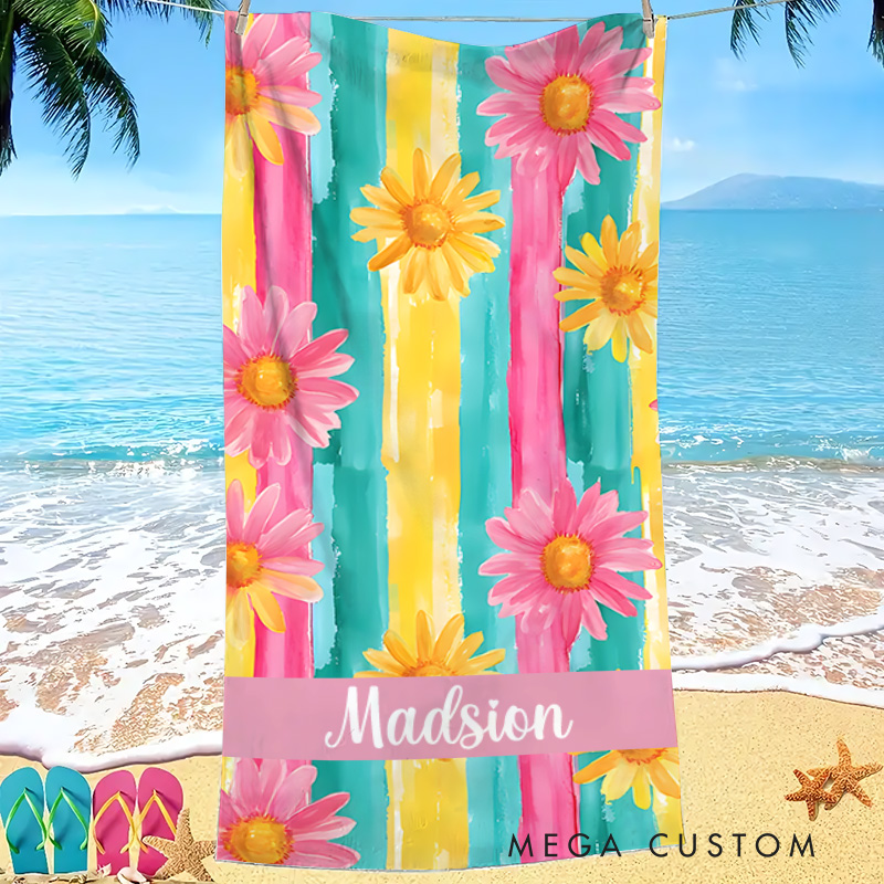 Personalized Floral  Stripe Kids Beach Towel with Name Beach Party Summer Vacation Gifts for Kids