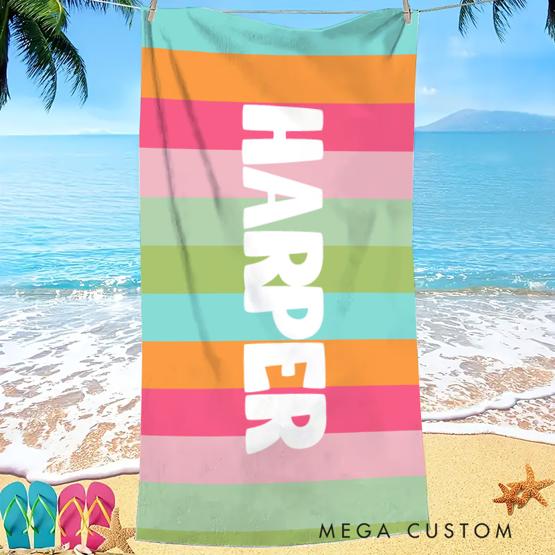 Personalized Colorful Stripe Kids Beach Towel with Name Travel Essentials Summer Holiday Party Gift for Kids