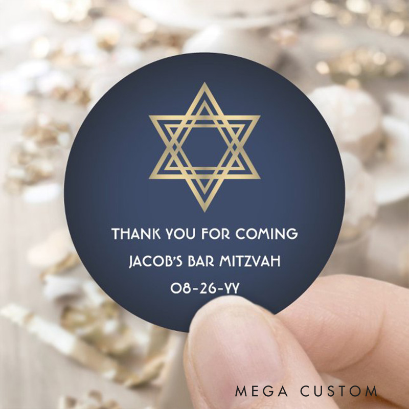Personalized Bar Mitzvah Elegant Star of David Navy Blue & Gold Classic Round Sticker with Name and Date Religious Gift Bar Mitzvah Gift