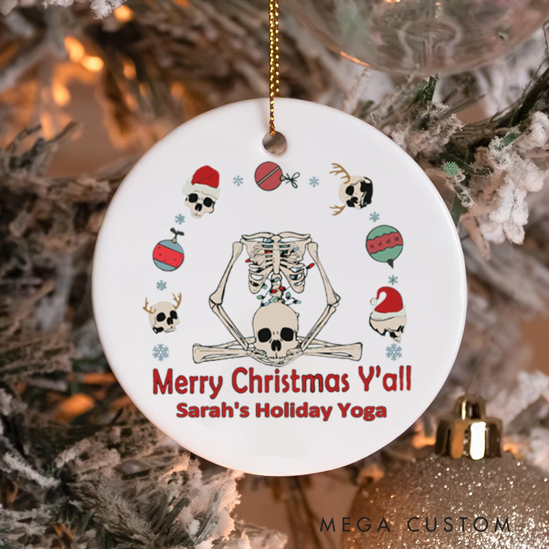 Personalized Christmas Ornament with Merry Christmas Y'all Yoga Skeleton Design Christmas Ornament Gift for Yoga Lover