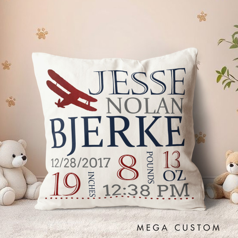 Personalized Airplane Birth Stats Throw Pillows Featuring Baby's Name And Flight-Inspired Details Throw Pillows