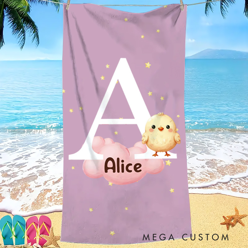 Personalized Multicolor Cloud Star Forest Animal Kids Beach Towel with Initial and Name Birthday Gift for Boys Girls