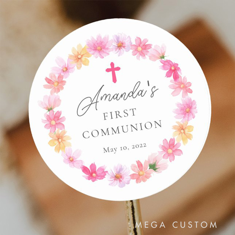 Personalized Delicate Petals Pink Cross Classic Round Sticker with Name and Date Religious Gift First Holy Communion Gift