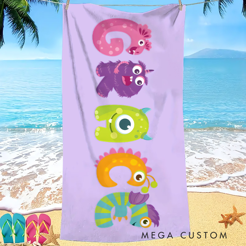 Personalized Multicolor Cartoon Monster Kids with Name Beach Towel Travel Essential Birthday Children's Day Gift for Kids