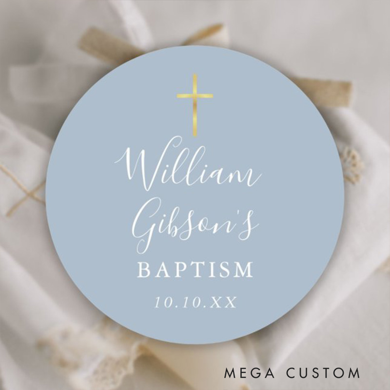 Personalized Gold Cross Baptism Christening Dusty Blue Classic Round Sticker with Name and Date Religious Gift Baptism & Christening Gift
