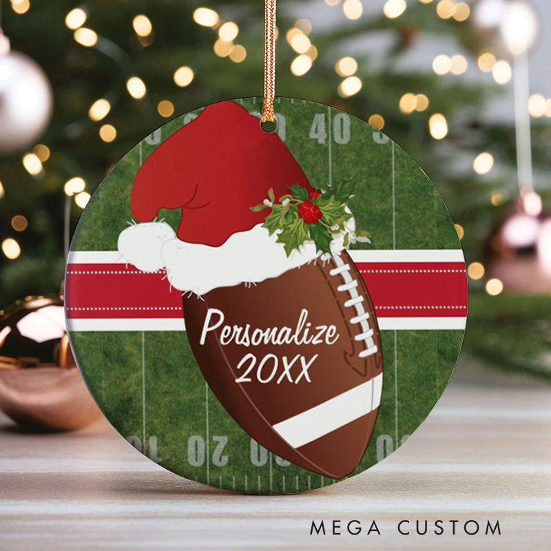 Personalized American Football and Rugby Santa Hat Design Christmas Ornament with Custom Name and Year