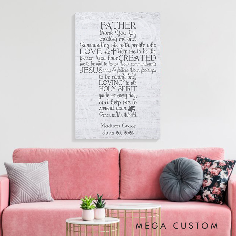 Personalized Thank you for Creating me Cross Frameless Canvas Painting with Name and Date Religious Wall Art Gift for Father