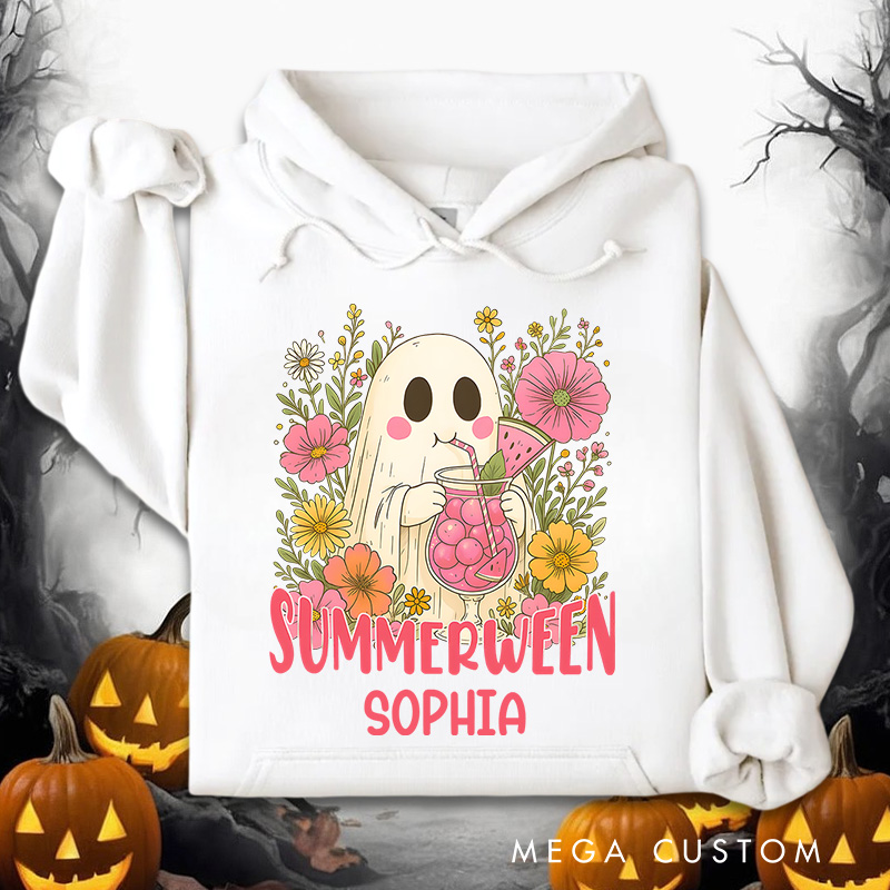 Personalized Summerween Ghost with Colorful Flowers and Happy Vibes Hoodies