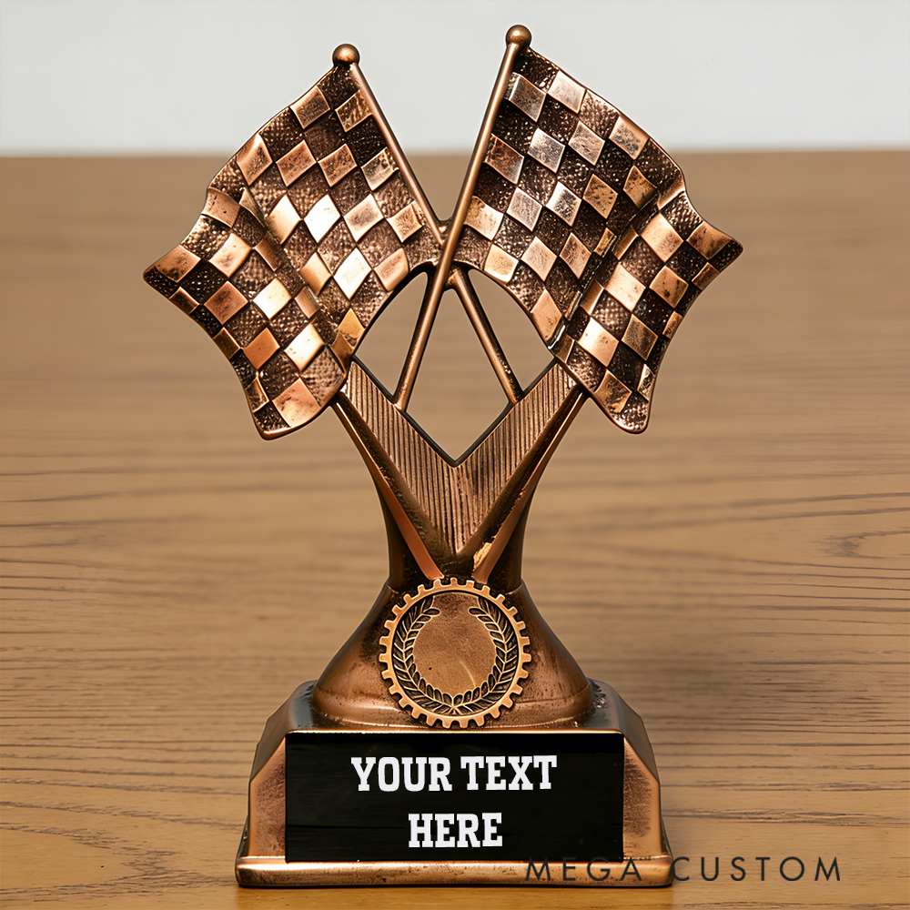 Personalized Racing Trophy with Checkered Flags Unique Gift for Motorsport Enthusiasts