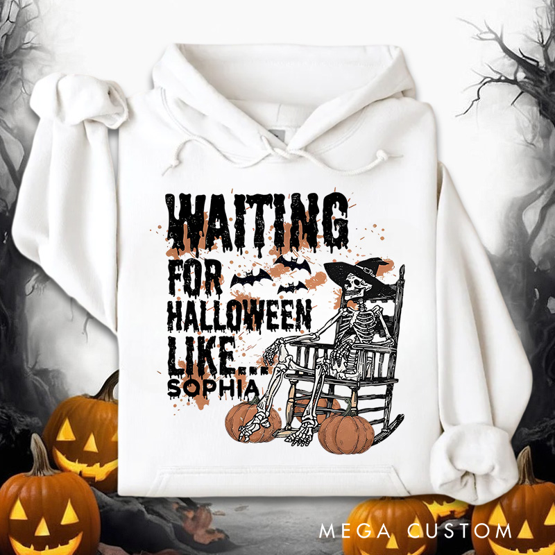 Personalized Waiting for Halloween Skeleton in Witch Hat with Pumpkins and Bats Fun Spooky Hoodies