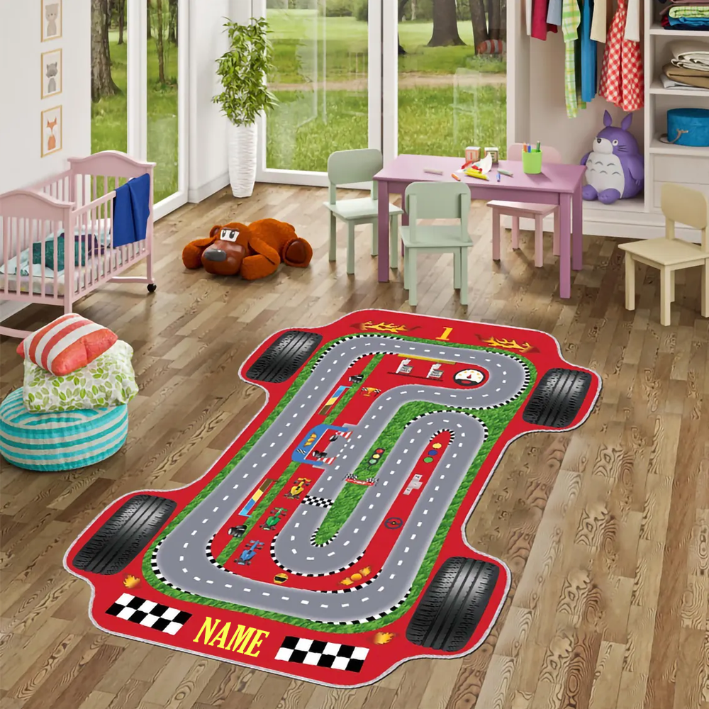 Personalized Race Car Track Plush Rug Soft Play Mat for Kids Car Enthusiasts