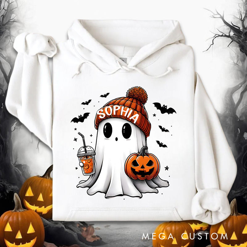 Personalized Adorable Ghost with Pumpkin and Coffee Autumn Halloween Aesthetic Hoodies
