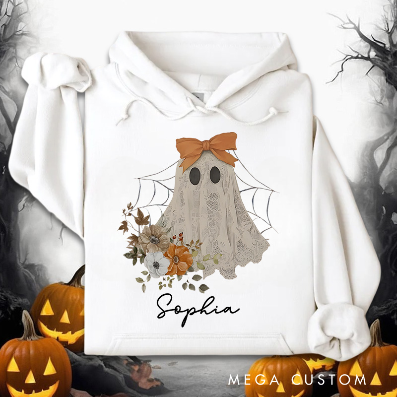 Personalized Elegant Ghost with Bow and Floral Accents Halloween Hoodies